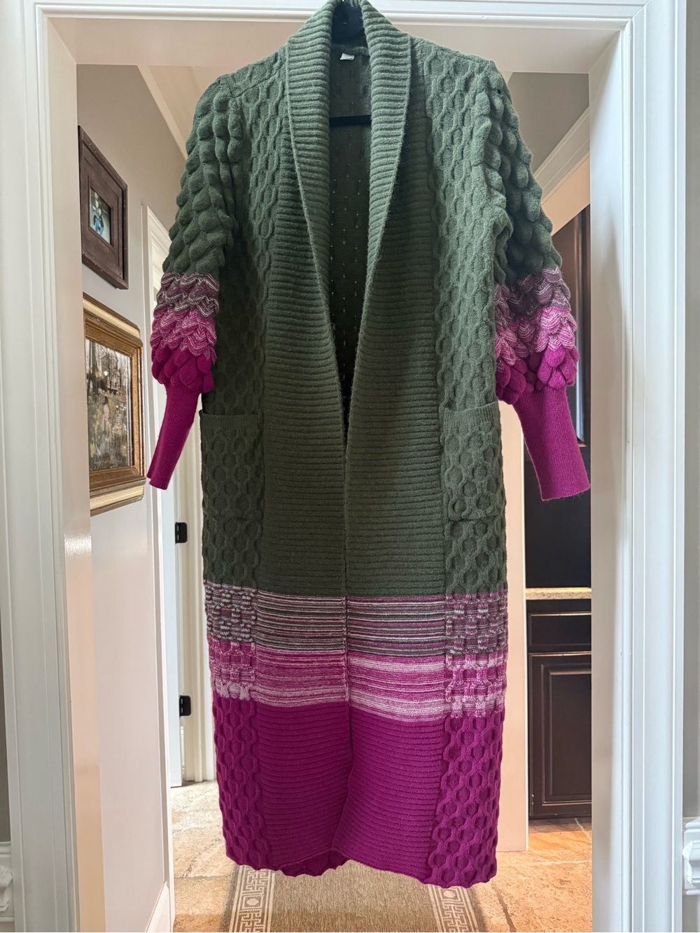 Long Cable-Knit Open Cardigan Sweater in Olive and Magenta
